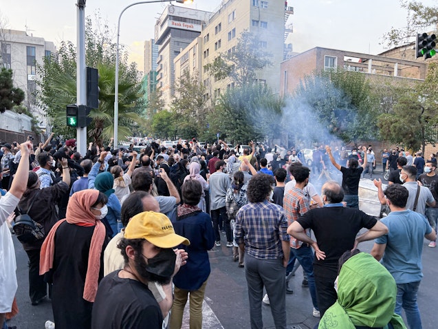 Iranians protest the death of Mahsa Jina Amini in Tehran, Iran on Sept. 19, 2022. (Photo via Getty Images)