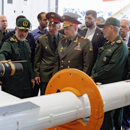 Russian Defense Minister Sergei Shoigu visits an Islamic Revolutionary Guard Corps Aerospace Force exhibition in Tehran, Iran on Sept. 20, 2023. (Photo via Russian Defense Ministry)