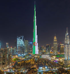 The Algerian flag projected upon the Burj Khalifa in celebration of Algerian Independence in Dubai, United Aran Emirates on July 5, 2020. (Source: UAEEmbassy_alg/Twitter)