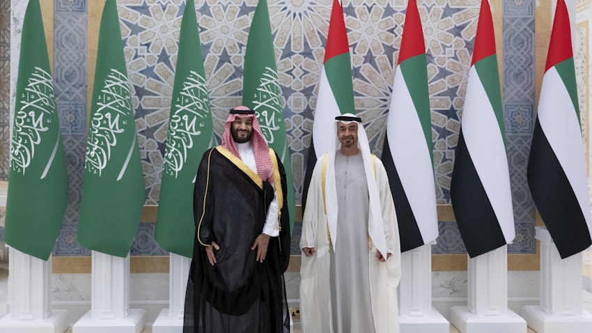 Emirati President Sheikh Mohammed bin Zayed Al Nahyan receives the Saudi Crown Prince Mohammed bin Salman Al Saud in Abu Dhabi on Dec. 7, 2021. (Source: MohamedBinZayed/Twitter/X) Emirati President Sheikh Mohammed bin Zayed Al Nahyan receives the Saudi Crown Prince Mohammed bin Salman Al Saud in Abu Dhabi on Dec. 7, 2021. (Source: MohamedBinZayed/Twitter/X)