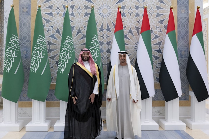 Emirati President Sheikh Mohammed bin Zayed Al Nahyan receives the Saudi Crown Prince Mohammed bin Salman Al Saud in Abu Dhabi on Dec. 7, 2021. (Source: MohamedBinZayed/Twitter/X)