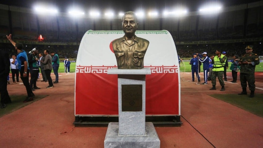 A bust of slain IRGC Commander Qasem Soleimani is placed at the pitch entrance in Naqsh-e Jahan stadium in Isfahan, Iran on Oct. 2, 2023. (Photo via Tasnim News Agency)