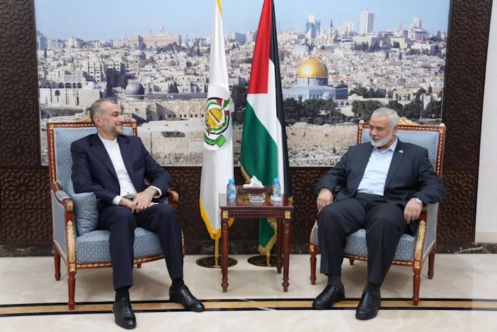 Iranian Foreign Minister Hossein Amir-Abdollahian and Hamas Political Bureau Chief Ismail Haniyeh meet in Doha, Qatar on Oct. 14, 2023. (Photo via Iranian foreign ministry)