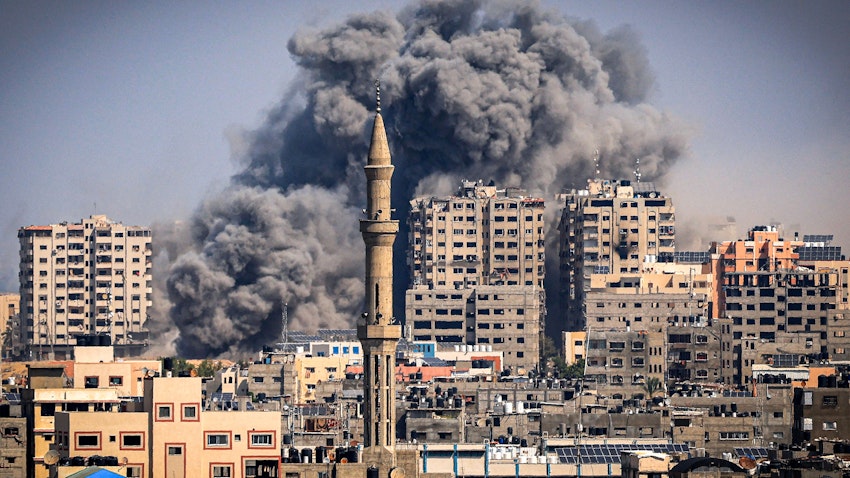 Israeli air strikes target Gaza City on Oct. 12, 2023. (Photo via Getty Images)