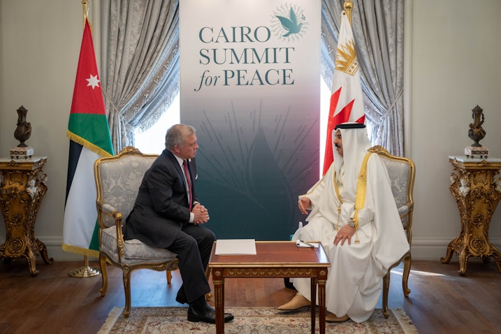 Jordan’s King Abdullah II meets with Bahraini King Hamad bin Isa Al Khalifa on the sidelines of the Cairo Summit for Peace on Oct. 21, 2023. (Photo via Jordanian Royal Court)