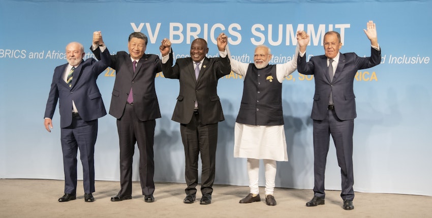 Leaders of BRICS member states pose for a group photo at the 15th annual summit in Johannesburg, South Africa on Aug. 23, 2023. (Photo via Wikimedia Commons)
