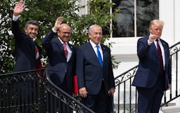 Former US president Donald Trump, Israel’s Prime Minister Benjamin Netanyahu and foreign ministers of the UAE and Bahrain sign the Abraham Accords in Washington, DC on Sept. 15, 2020. (Photo via Getty Images)