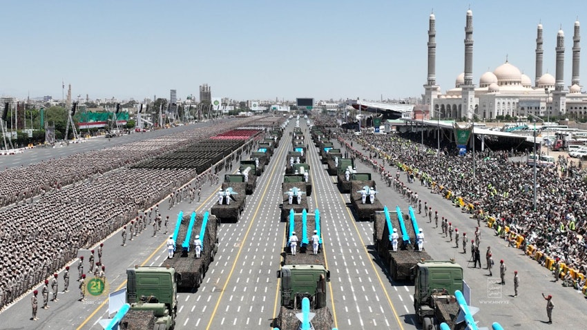 Yemen’s Ansarullah movement, also known as the Houthis, display missiles and drones at a military parade in Sana'a on Sept. 21, 2023. (Photo via Getty Images)