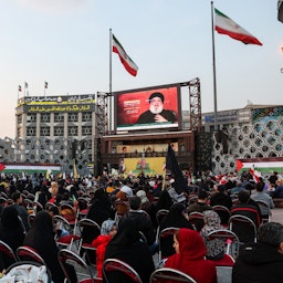 Hezbollah leader Hassan Nasrallah's speech was aired live in state-organized gatherings in Tehran, Iran on Nov. 3, 2023. (Photo via IRNA News Agency)