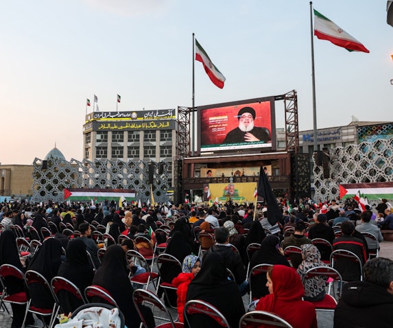 Hezbollah leader Hassan Nasrallah's speech was aired live in state-organized gatherings in Tehran, Iran on Nov. 3, 2023. (Photo via IRNA News Agency)