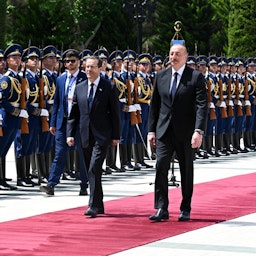 Israeli President Isaac Herzog meets with his Azerbaijani counterpart Ilham Aliyev in Baku, Azerbaijan on May 30, 2023. (Photo via Azerbaijani presidency)