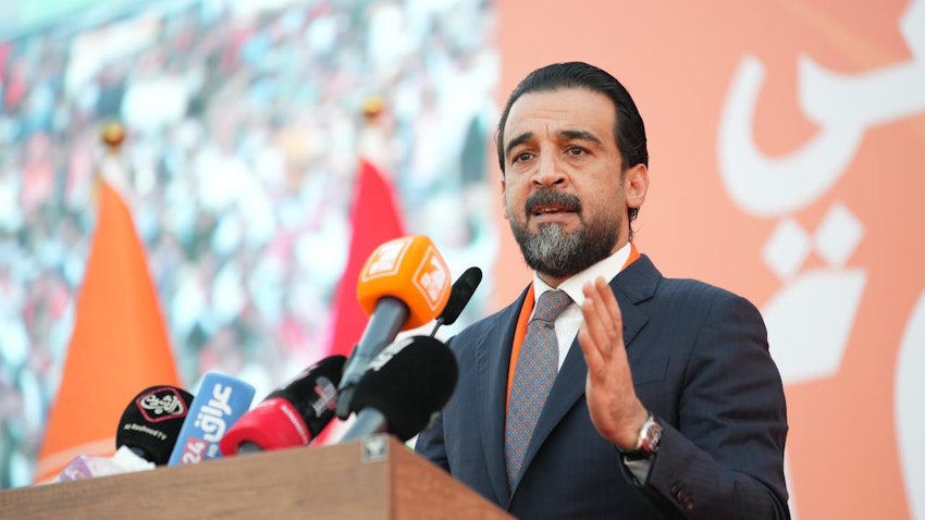Ex-speaker and prominent Sunni politician Mohammed Al-Halbousi speaks at an event north of Baghdad, Iraq on Oct. 27, 2023. (Source: Media of Speaker/Twitter/X)