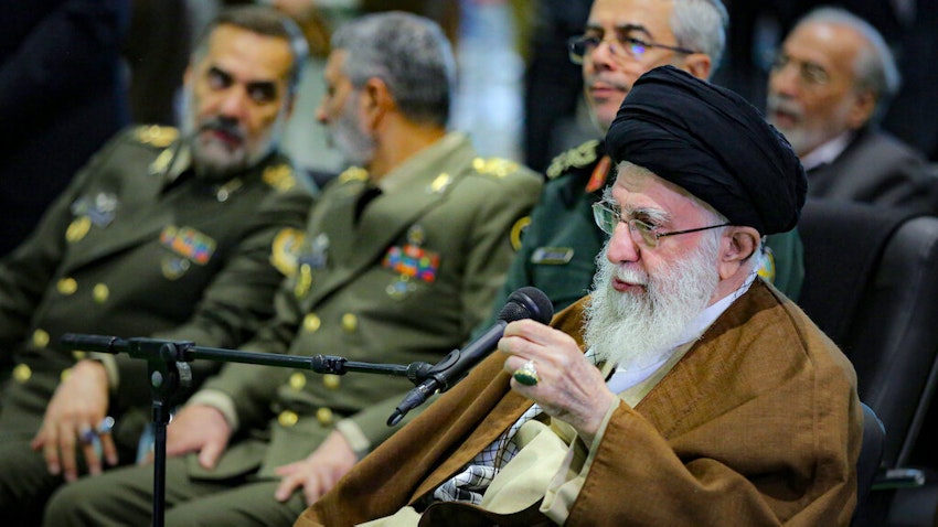 Supreme Leader Ayatollah Ali Khamenei speaks after visiting an exhibition by the Islamic Revolutionary Guard Corps Aerospace Force in Tehran, Nov. 19, 2023. (Photo via Iran’s supreme leader’s website)