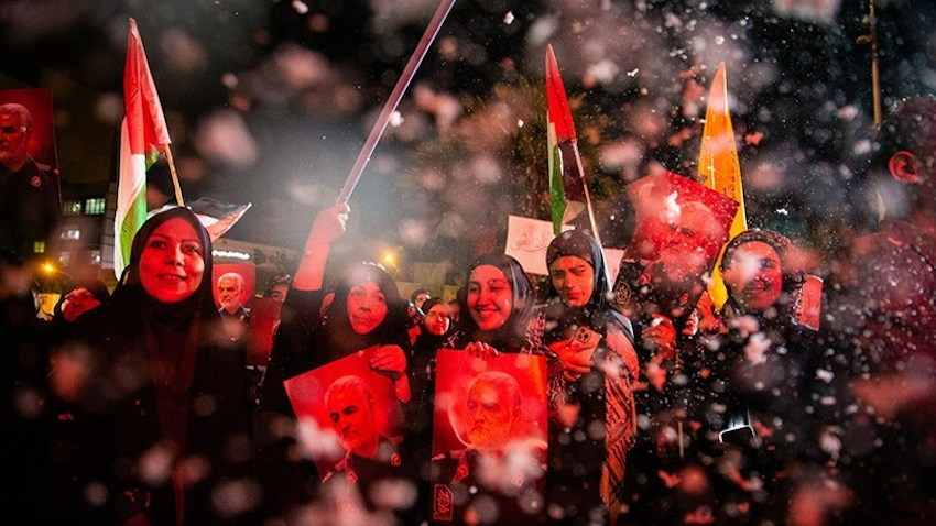 متظاهرون مؤيدون للفلسطينيين يحتشدون في طهران، إيران، في 7 أكتوبر/ تشرين الأول 2023. (الصورة عبر وكالة تسنيم الإخبارية)