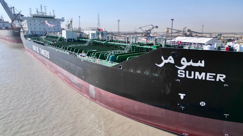 New oil tanker, Sumer, seen docked at Khor Al-Zubair Port in southern Iraq on Sept. 28, 2023. (Photo via Iraq’s oil ministry)