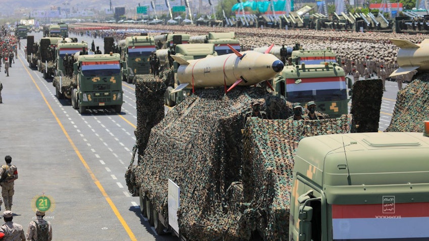 Yemen’s Ansarullah movement, better known as the Houthis, display missiles and drones at a military parade in Sana'a on Sept. 21, 2023. (Source: projectmeshkat/Twitter)