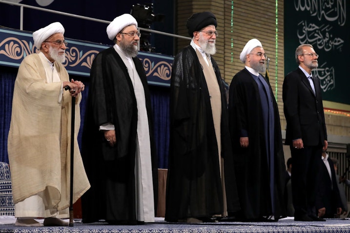 Iran’s Supreme Leader Ali Khamenei, former president Hassan Rouhani and other top officials at a ceremony in Tehran, Iran on Aug. 3, 2017. (Photo via Iran’s supreme leader website)