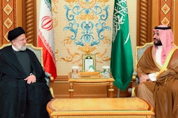 Iranian President Ebrahim Raisi meets Saudi Crown Prince Mohammed bin Salman in Riyadh, Saudi Arabia on Nov. 11, 2023. (Photo via Iranian presidency)