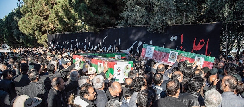 A funeral procession for the eleven policemen killed in Jaish Ul-Adl attack in Rask, Iran on Dec. 17, 2023. (Photo via Mizan News Agency)
