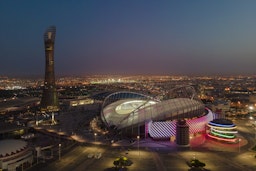 An aerial view of the Khalifa stadium at sunrise in Doha, Qatar on June 22, 2022. (Photo via Getty Images)