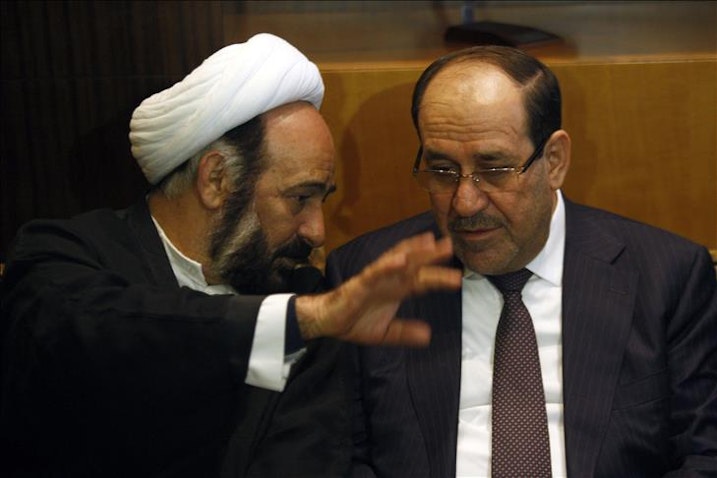 Lebanese Hezbollah representative in Baghdad, Sheikh Mohammad Hussein Al-Kawtharani, and former Iraqi prime minister Nuri Al-Maliki in Beirut, Lebanon on Nov. 29, 2014. (Photo via social media)