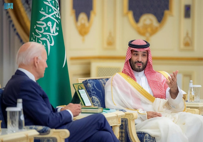 Saudi Crown Prince Mohammed bin Salman Al Saud meets with US President Joe Biden in Jeddah, Saudi Arabia on July 15, 2022. (Handout photo via Saudi Press Agency)