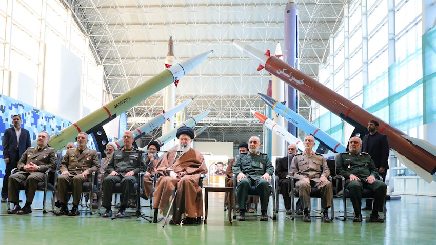 Supreme Leader Ayatollah Ali Khamenei speaks at an exhibition by the Islamic Revolutionary Guard Corps Aerospace Force in Tehran, Iran on Nov. 19, 2023. (Photo via Iran’s supreme leader’s website)