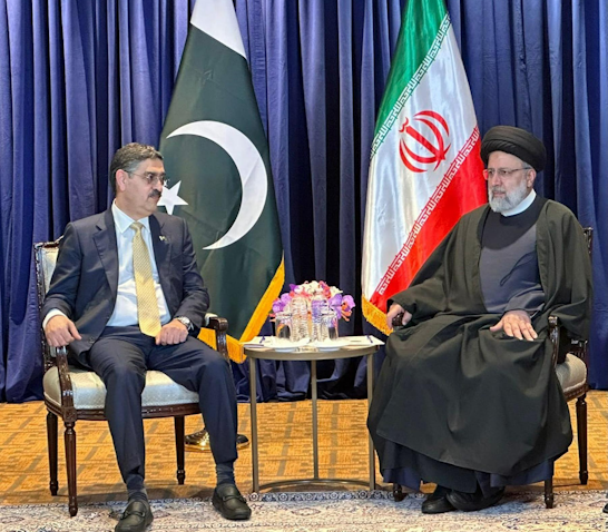 Pakistan's caretaker prime minister and Iran’s president meet on the sidelines of the United Nations General Assembly in New York on Sep. 19, 2023. (Photo via Pakistani prime minister’s office)