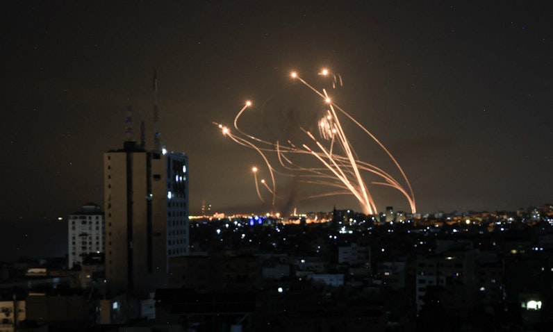 Israel's Iron Dome attempt to intercept a rocket fired from Gaza on Oct. 8, 2023. (Photo via Getty Images)