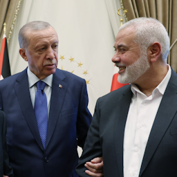 Turkish President Recep Tayyip Erdogan meets with Hamas Political Bureau Chief Ismail Haniyeh in Ankara, Turkey on July 26, 2023. (Photo via Getty Images)