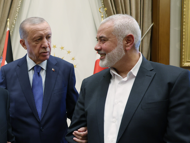 Turkish President Recep Tayyip Erdogan meets with Hamas Political Bureau Chief Ismail Haniyeh in Ankara, Turkey on July 26, 2023. (Photo via Getty Images)