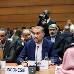 Iranian Foreign Minister Hossein Amir-Abdollahian addresses a meeting on Palestine on the sidelines of the 55th UNHRC session in Geneva, Switzerland on Feb. 26, 2024. (Photo via Iran's foreign ministry)