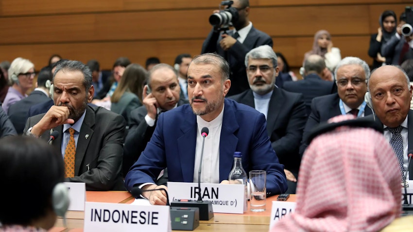 Iranian Foreign Minister Hossein Amir-Abdollahian addresses a meeting on Palestine on the sidelines of the 55th UNHRC session in Geneva, Switzerland on Feb. 26, 2024. (Photo via Iran's foreign ministry)