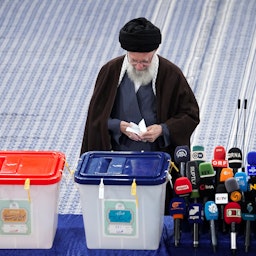 Iran’s Supreme Leader Ayatollah Ali Khamenei casts his votes in the parliamentary and Assembly of Experts elections in Tehran on Mar. 1, 2024. (Photo via Iranian supreme leader's website)