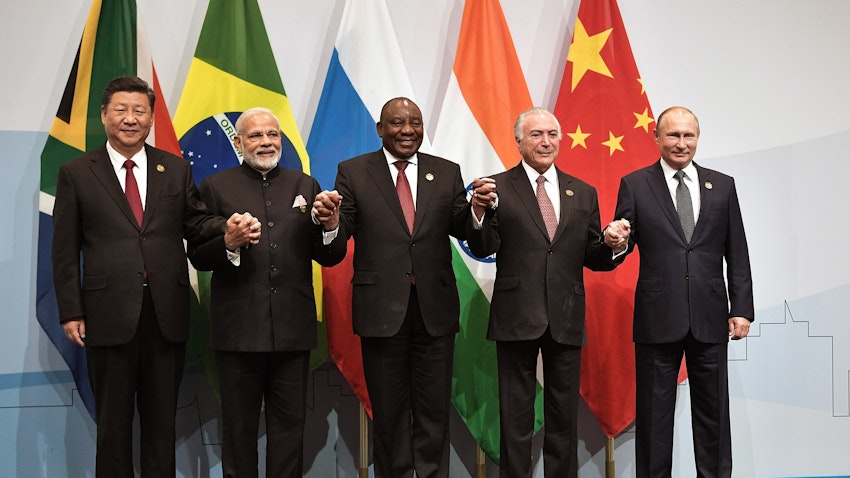Leaders of BRICS member states pose for a group photo at the annual summit in Johannesburg, South Africa on July 26, 2018. (Photo via Wikimedia Commons)