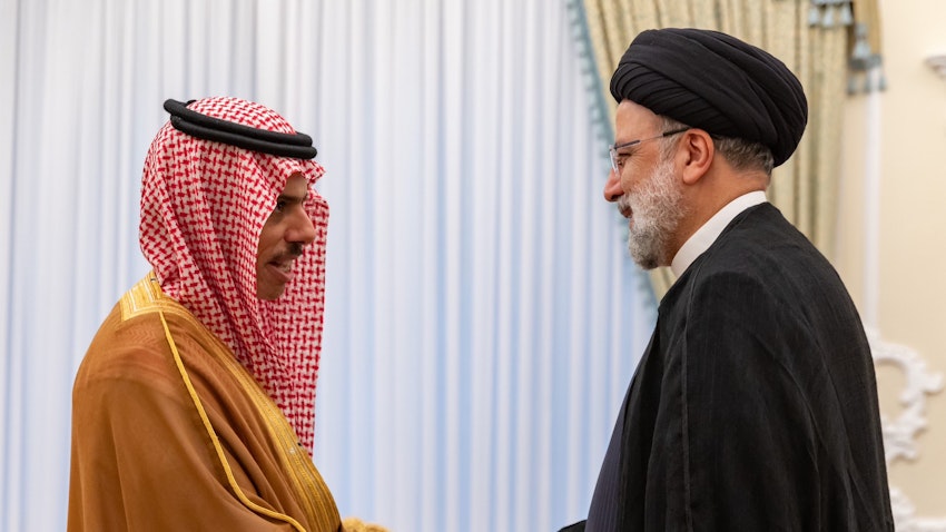 Iranian President Ebrahim Raisi is received by Saudi Foreign Minister Faisal bin Farhan in Riyadh, Saudi Arabia on June 17, 2023. (Source: KSAmofaEN/Twitter/X)