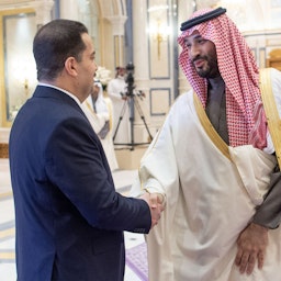 Saudi Crown Prince Mohammad bin Salman Al Saud greets Iraqi Prime Minister Muhammad Shia’ Al-Sudani at the 43rd GCC Summit in Riyadh, Saudi Arabia on Dec. 9, 2022. (Photo via Getty Images)