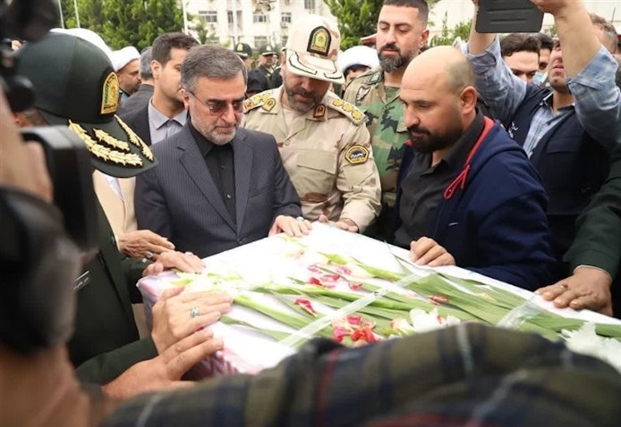 Funeral ceremony for an Iranian security guard killed in latest Jaish Ul-Adl attack, Savadkouh, Iran on Apr. 6, 2024. (Photo via Tasnim News Agency)