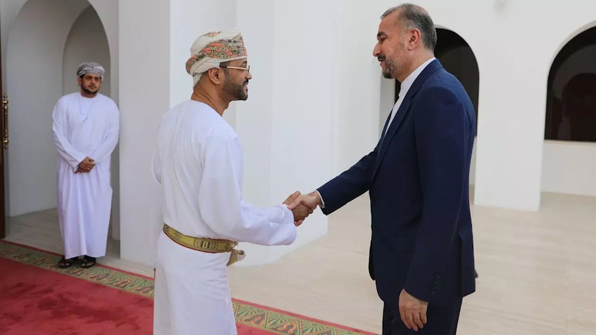 Iran’s Foreign Minister Hossein Amir-Abdollahian meets with his Omani counterpart Sayyid Badr Albusaidi in Muscat on Apr. 8, 2024. (Photo via Iranian foreign ministry)