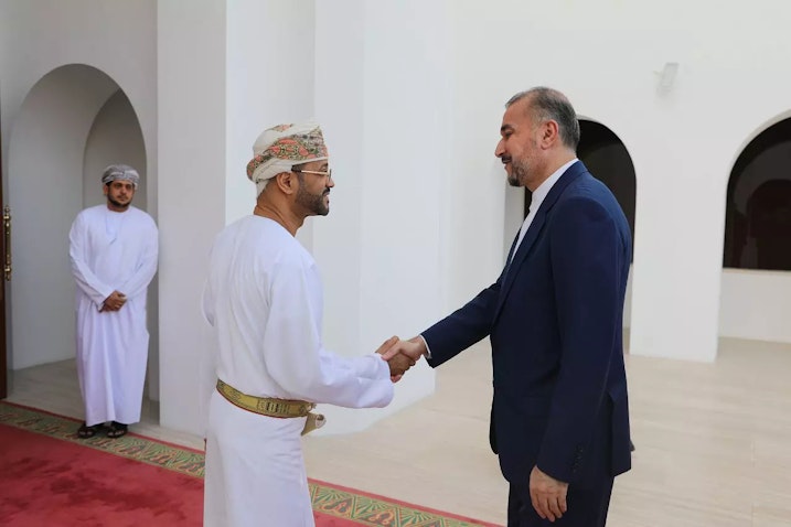 Iran’s Foreign Minister Hossein Amir-Abdollahian meets with his Omani counterpart Sayyid Badr Albusaidi in Muscat on Apr. 8, 2024. (Photo via Iranian foreign ministry)