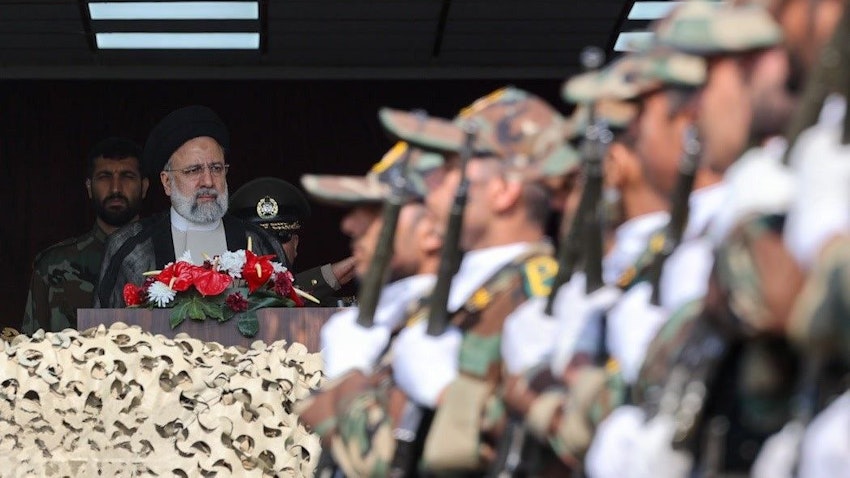 Iranian President Ebrahim Raisi watches over an IRGC military parade in Tehran, Iran on Apr. 17, 2024. (Photo via Fars News)