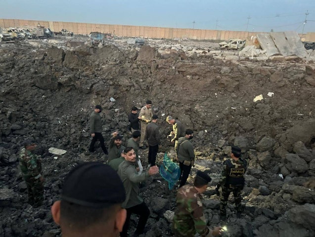 PMU Chief of Staff Abdulaziz (Abu Fadak) Al-Muhammadawi inspects the site of a blast at Kalsu military base in Iraq, on Apr. 20, 2024. (Source: SabrenNews22/Telegram)