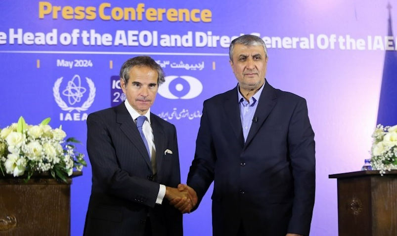 Head of the Atomic Energy Organization of Iran Mohammad Eslami and Director-General of the International Atomic Energy Agency Rafael Grossi attend a joint press conference in Isfahan, Iran on May 7, 2024. (Photo via AEOI)