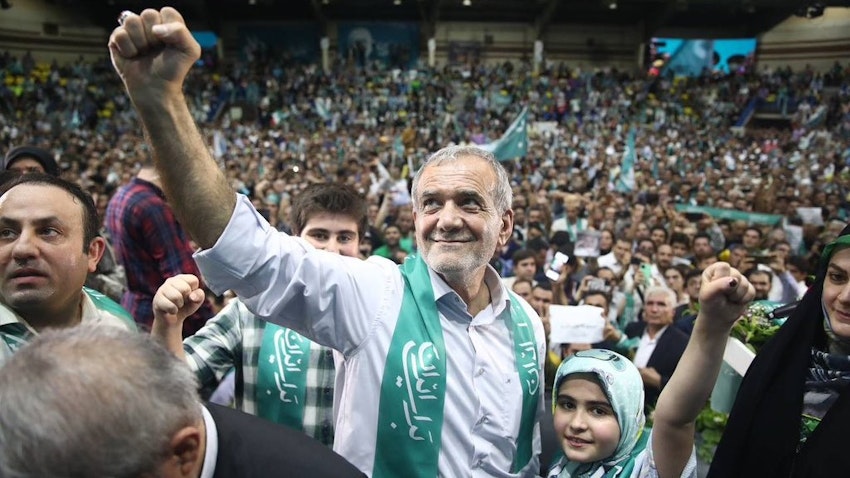 Reformist presidential candidate Masoud Pezeshkian attends a rally in Tehran, Iran on June 23, 2024. (Photo via Masoud Pezeshkian/Twitter/X)