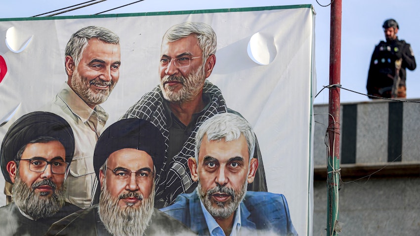 A banner illustrating slain IRGC commander Qasem Soleimani, Iraqi PMU head Abu Mahdi Al-Muhandis; Lebanese Hezbollah leaders Hassan Nasrallah and Hashem Safieddine, and Palestinian Hamas leader Yahya Sinwar hangs outside a shrine in Baghdad on Jan. 26, 2025. (Photo via Getty Images) A banner illustrating slain IRGC commander Qasem Soleimani, Iraqi PMU head Abu Mahdi Al-Muhandis; Lebanese Hezbollah leaders Hassan Nasrallah and Hashem Safieddine, and Palestinian Hamas leader Yahya Sinwar hangs outside a shrine in Baghdad on Jan. 26, 2025. (Photo via Getty Images)