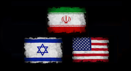 Flags of Iran, Israel and the United States.