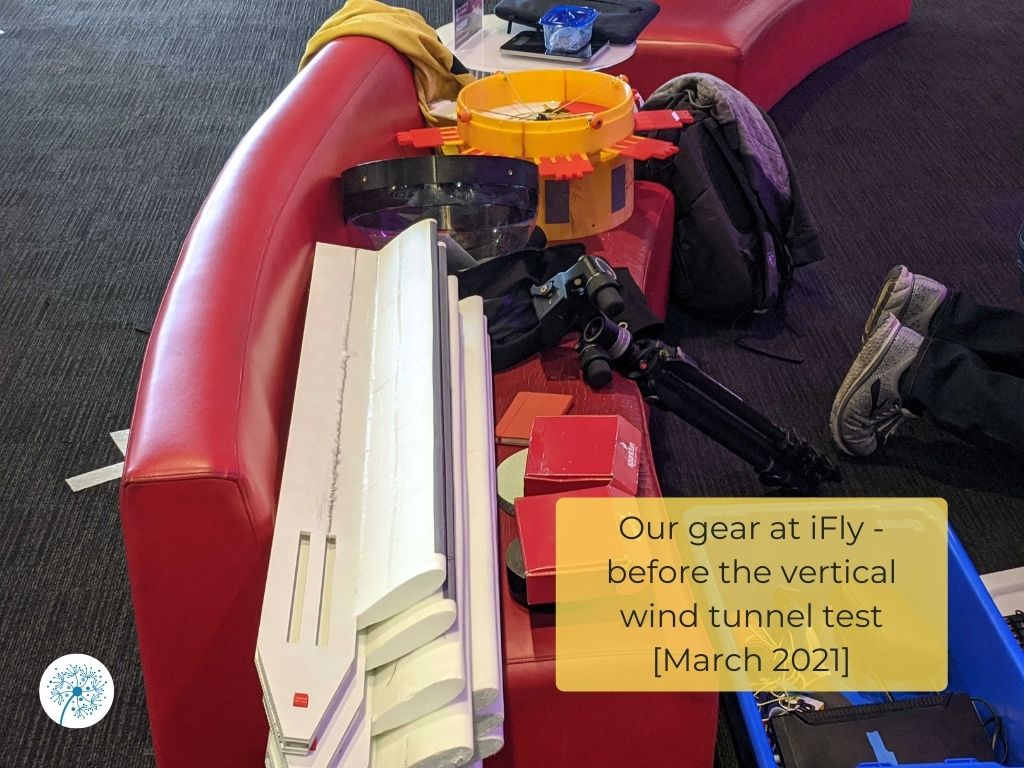 Our gear at iFly, just prior to the first vertical wind tunnel test, March 2021