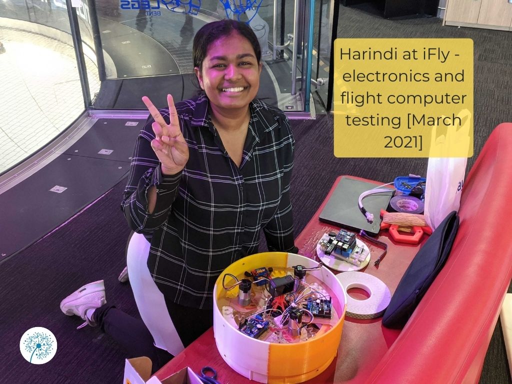 Harindi at iFly, working on the electronics and final checks on the flight computer, March 2021