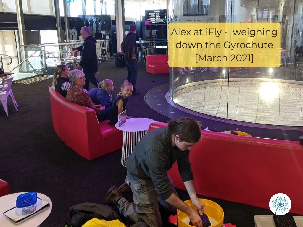 Alex at iFly, weighing down the Gyrochute, March 2021.