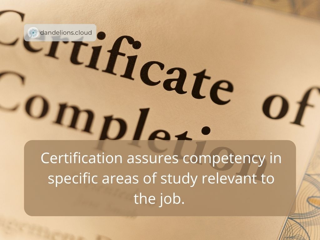 Certification assures competency in specific areas of study relevant to the job. 